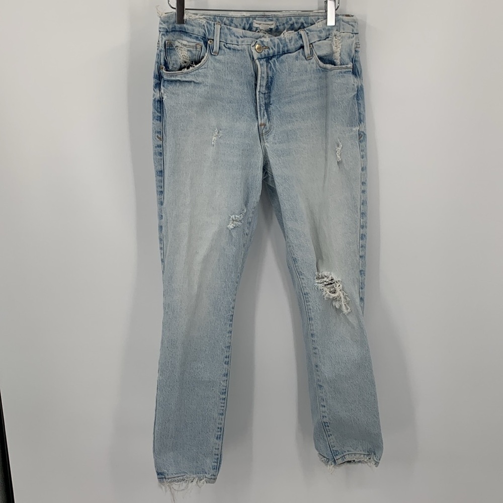 Good American distressed light wash straight leg jeans blue ankle women 30 10